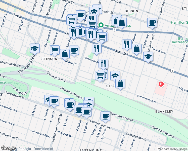 map of restaurants, bars, coffee shops, grocery stores, and more near 197 Sanford Avenue South in Hamilton