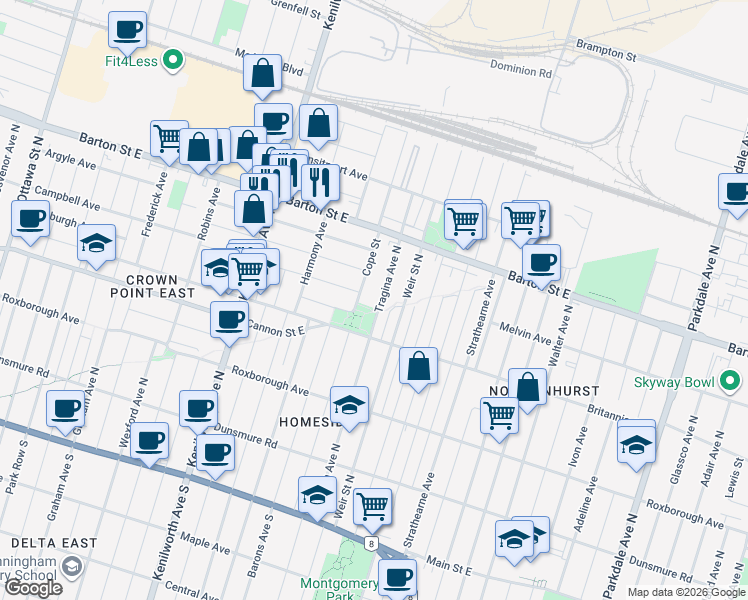 map of restaurants, bars, coffee shops, grocery stores, and more near 253 Tragina Avenue North in Hamilton