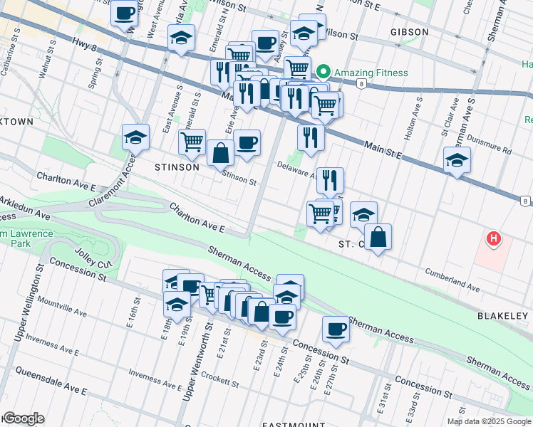 map of restaurants, bars, coffee shops, grocery stores, and more near 5 Cumberland Avenue in Hamilton