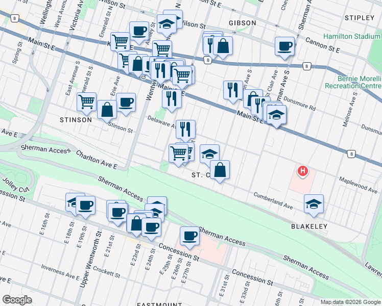 map of restaurants, bars, coffee shops, grocery stores, and more near 157 Burris Street in Hamilton