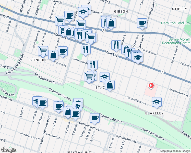 map of restaurants, bars, coffee shops, grocery stores, and more near 175 Burris Street in Hamilton