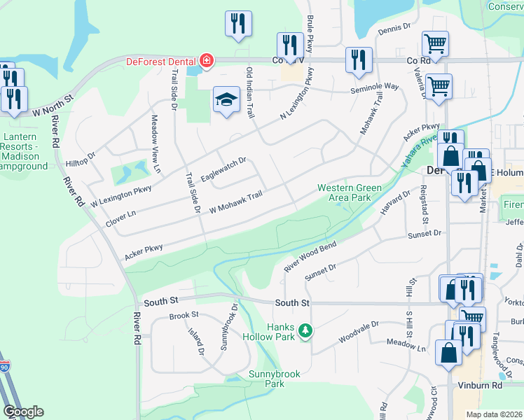 map of restaurants, bars, coffee shops, grocery stores, and more near 613 West Mohawk Trail in DeForest