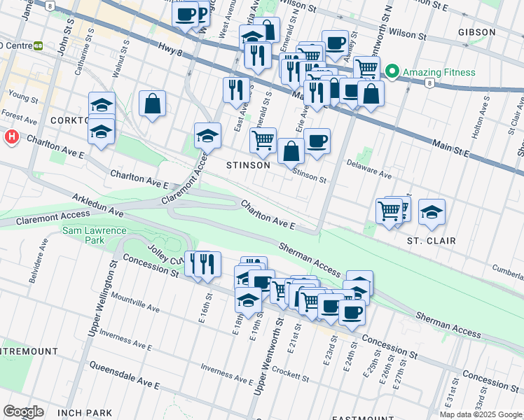 map of restaurants, bars, coffee shops, grocery stores, and more near 455 Charlton Avenue East in Hamilton