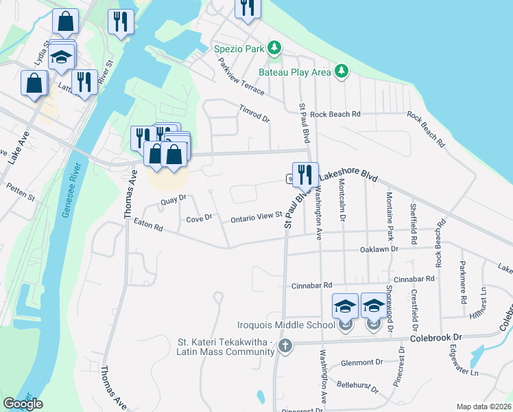 map of restaurants, bars, coffee shops, grocery stores, and more near 351 Lakeshore Boulevard in Rochester