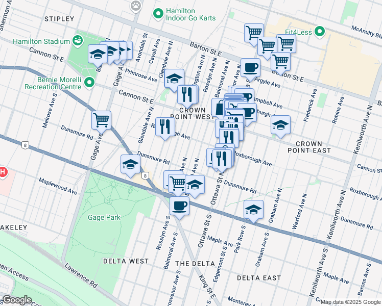map of restaurants, bars, coffee shops, grocery stores, and more near 106 Roxborough Avenue in Hamilton
