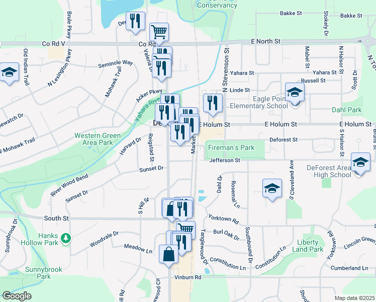 map of restaurants, bars, coffee shops, grocery stores, and more near 142 Market Street in DeForest