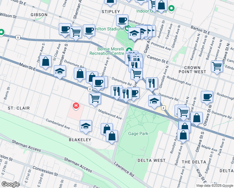 map of restaurants, bars, coffee shops, grocery stores, and more near 104 Balsam Avenue South in Hamilton