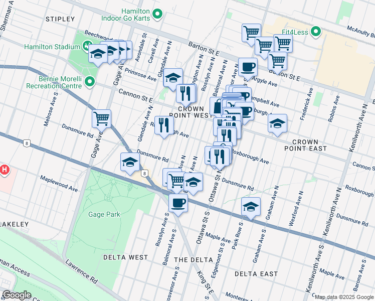 map of restaurants, bars, coffee shops, grocery stores, and more near 104 Rosslyn Avenue North in Hamilton