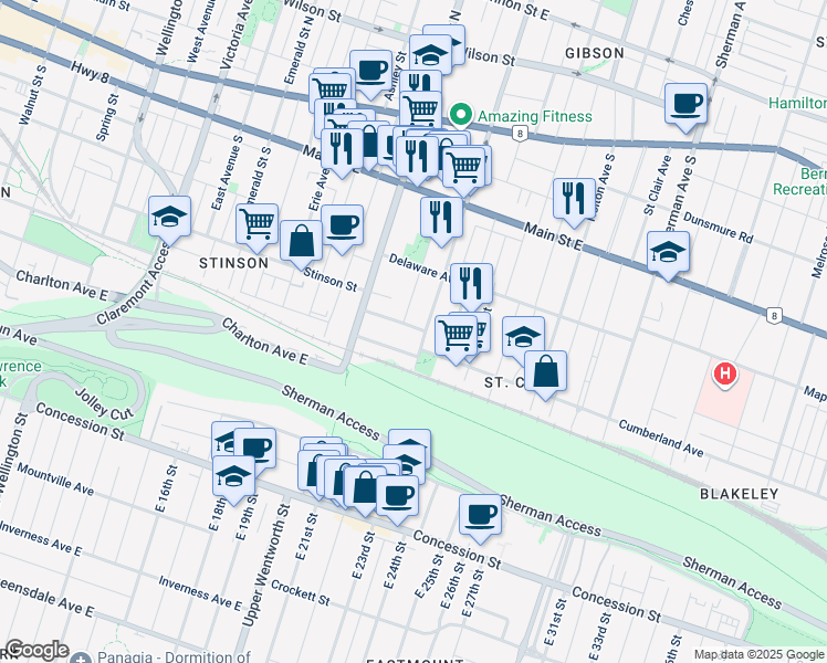 map of restaurants, bars, coffee shops, grocery stores, and more near 30 Rutherford Avenue in Hamilton