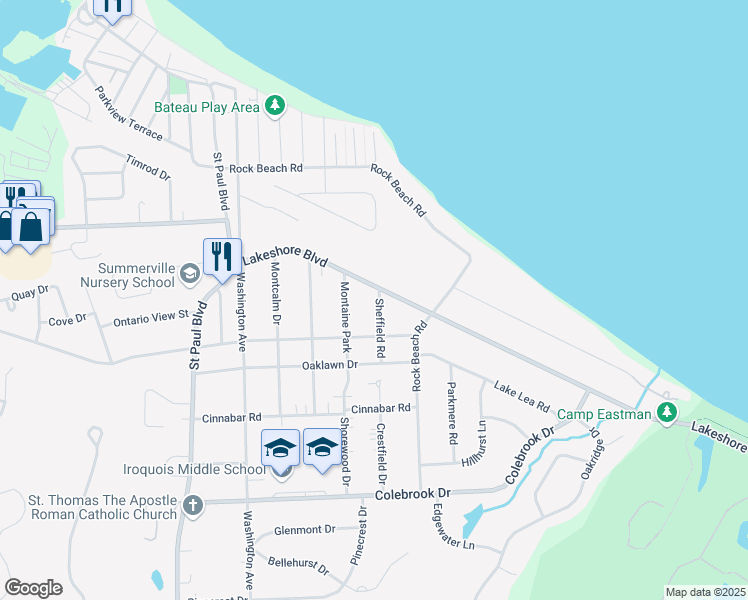 map of restaurants, bars, coffee shops, grocery stores, and more near 769 Lake Shore Boulevard in Rochester