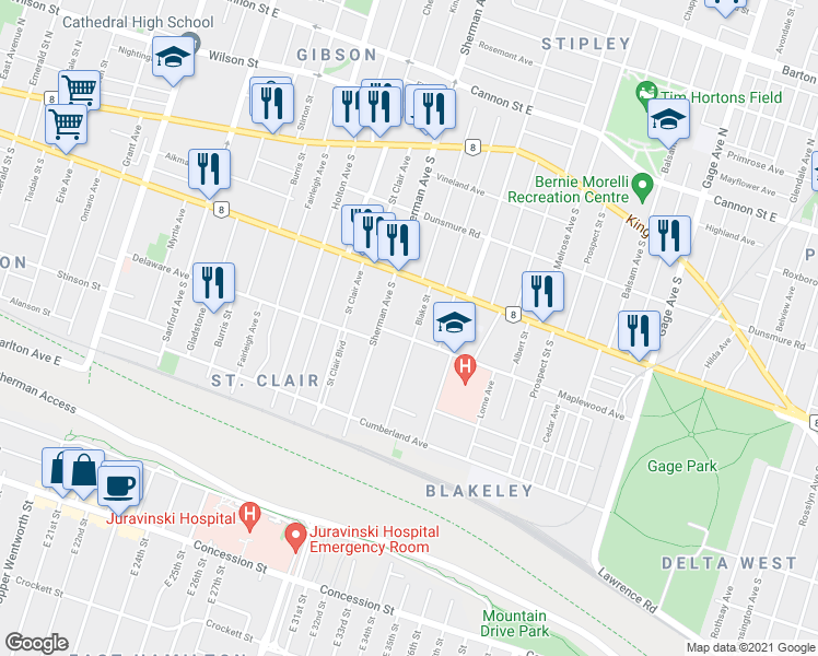 map of restaurants, bars, coffee shops, grocery stores, and more near 26 Blake Street in Hamilton