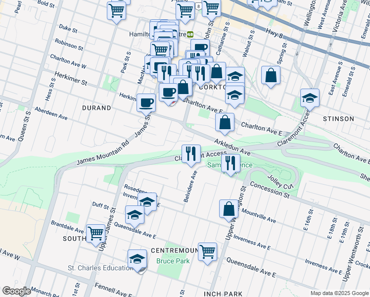 map of restaurants, bars, coffee shops, grocery stores, and more near 38 Kingsway Drive in Hamilton