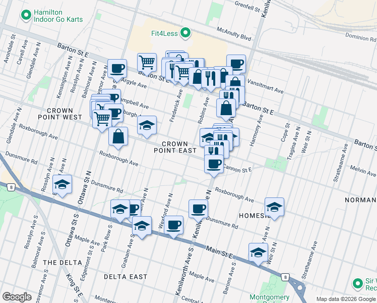map of restaurants, bars, coffee shops, grocery stores, and more near 158 Britannia Avenue in Hamilton