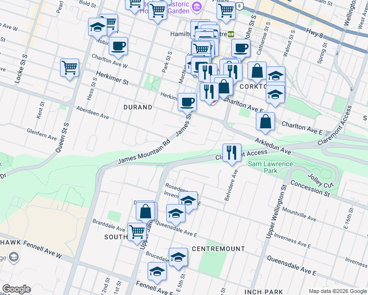 map of restaurants, bars, coffee shops, grocery stores, and more near 2 Freeman Place in Hamilton