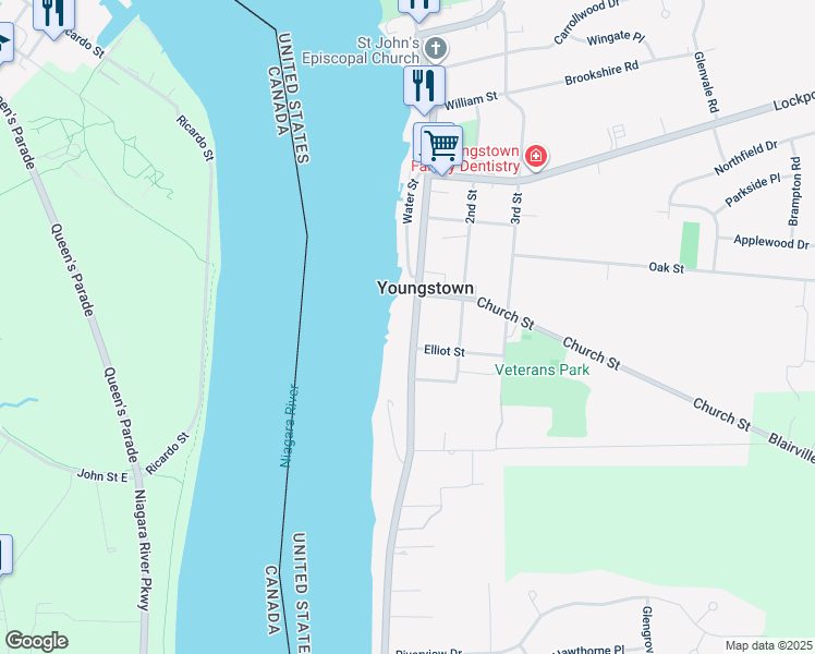 map of restaurants, bars, coffee shops, grocery stores, and more near 635 Main Street in Youngstown