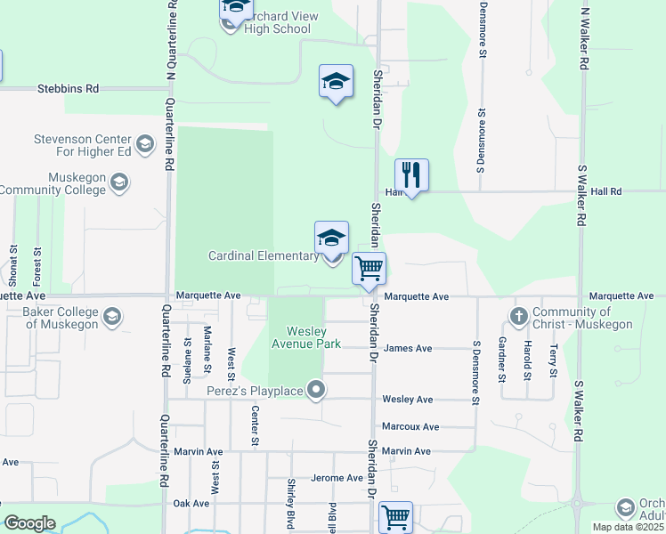 map of restaurants, bars, coffee shops, grocery stores, and more near 2310 Marquette Avenue in Muskegon