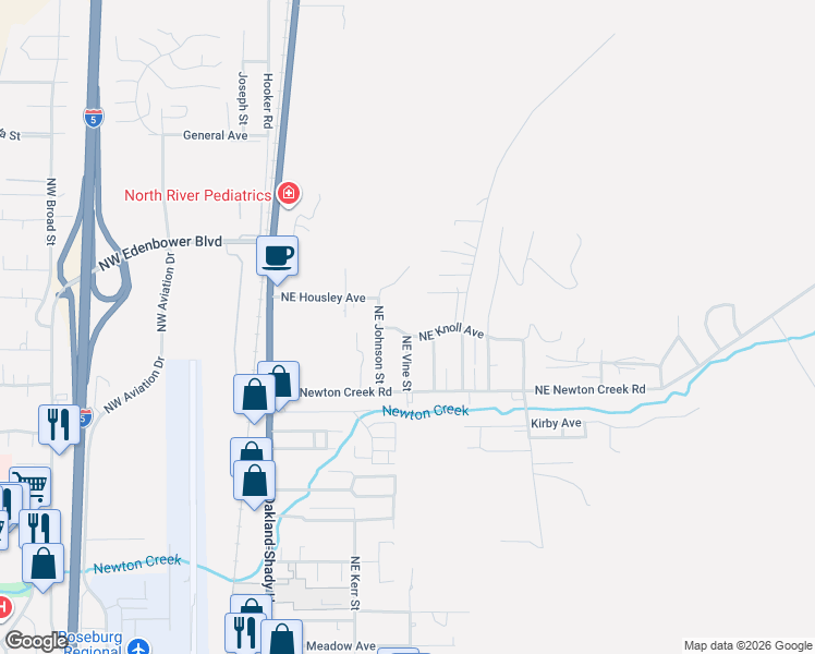 map of restaurants, bars, coffee shops, grocery stores, and more near 694 Northeast Knoll Avenue in Roseburg