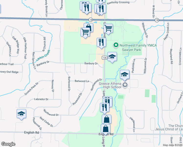 map of restaurants, bars, coffee shops, grocery stores, and more near 16 Shanbrook Drive in Rochester