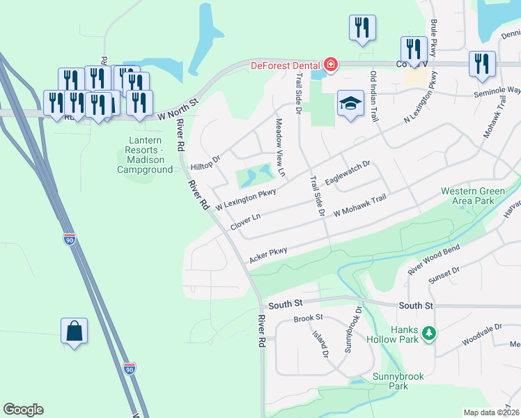 map of restaurants, bars, coffee shops, grocery stores, and more near 811 West Lexington Parkway in DeForest