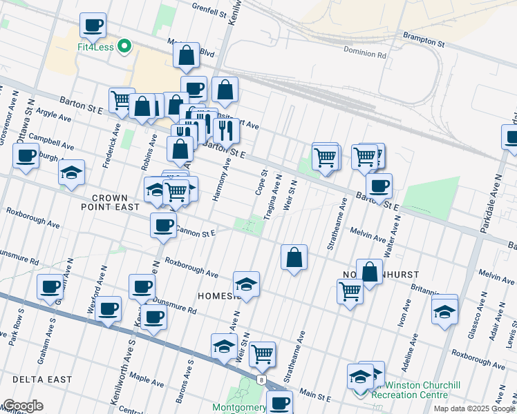 map of restaurants, bars, coffee shops, grocery stores, and more near 240 Cope Street in Hamilton