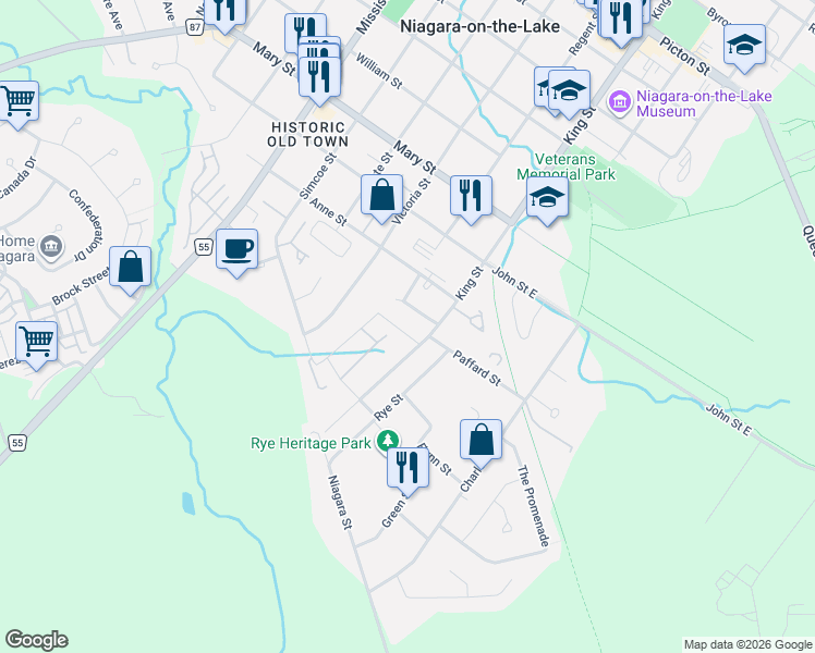 map of restaurants, bars, coffee shops, grocery stores, and more near 3 Shaw's Lane in Niagara-on-the-Lake