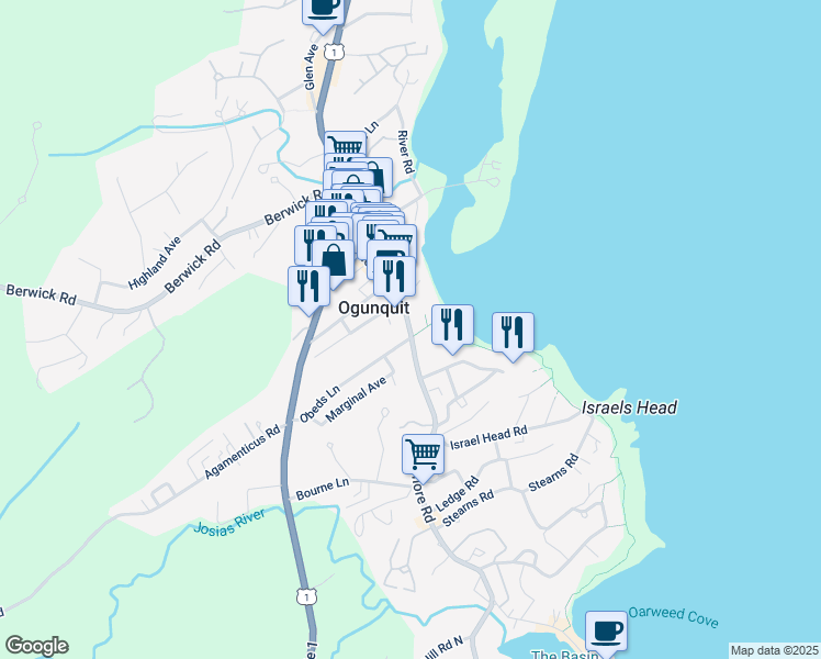 map of restaurants, bars, coffee shops, grocery stores, and more near 82 Shore Road in Ogunquit