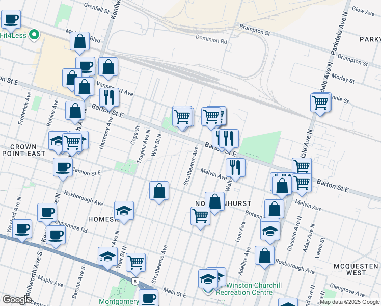 map of restaurants, bars, coffee shops, grocery stores, and more near in Hamilton