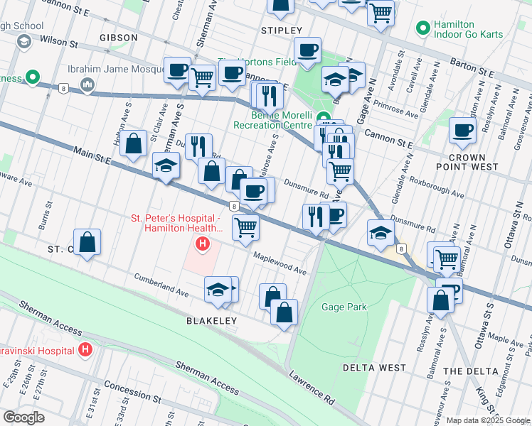 map of restaurants, bars, coffee shops, grocery stores, and more near 119 Prospect Street South in Hamilton