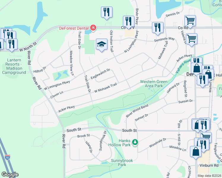 map of restaurants, bars, coffee shops, grocery stores, and more near 632 West Mohawk Trail in DeForest