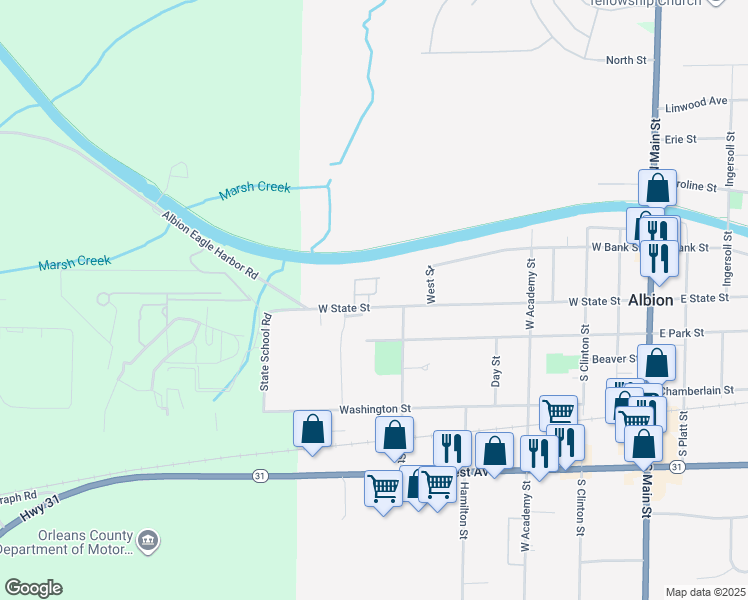 map of restaurants, bars, coffee shops, grocery stores, and more near 431 West State Street in Albion