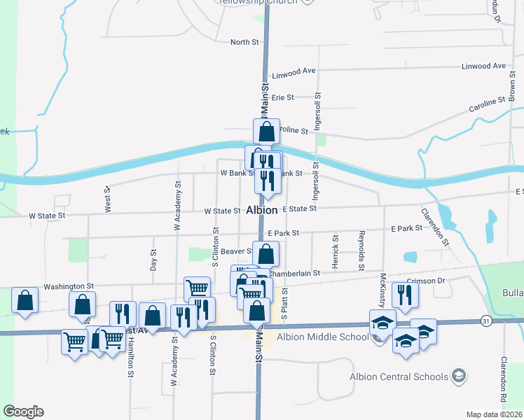 map of restaurants, bars, coffee shops, grocery stores, and more near in Albion