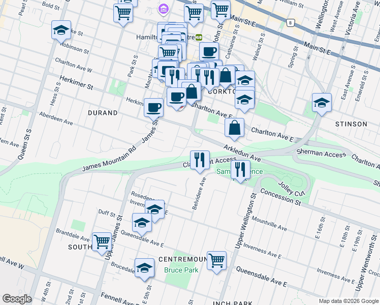 map of restaurants, bars, coffee shops, grocery stores, and more near in Hamilton