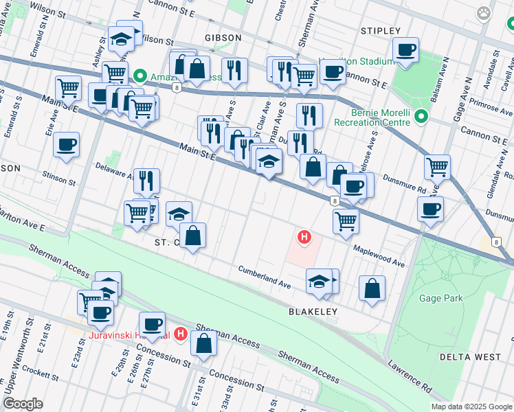 map of restaurants, bars, coffee shops, grocery stores, and more near 160 Sherman Avenue South in Hamilton