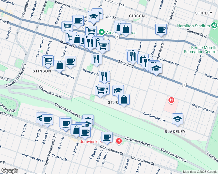 map of restaurants, bars, coffee shops, grocery stores, and more near 163 Burris Street in Hamilton