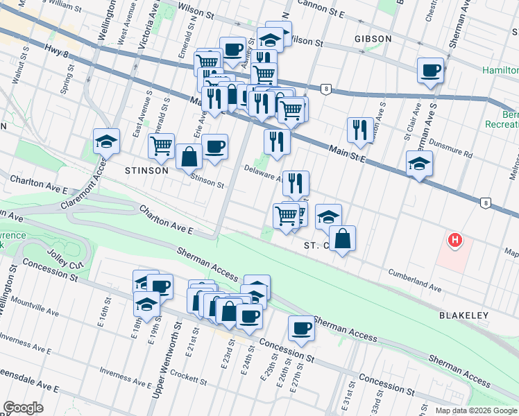 map of restaurants, bars, coffee shops, grocery stores, and more near in Hamilton