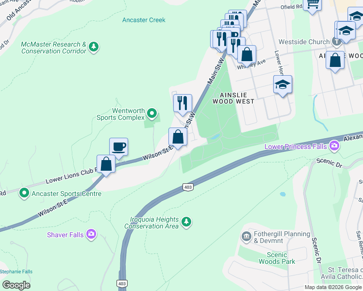 map of restaurants, bars, coffee shops, grocery stores, and more near 1999 Main Street West in Hamilton