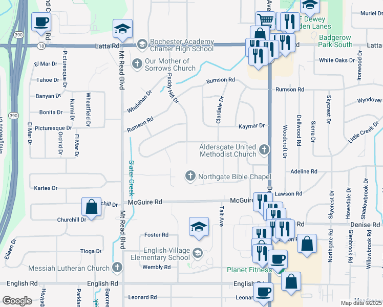 map of restaurants, bars, coffee shops, grocery stores, and more near 324 Paddy Hill Drive in Rochester