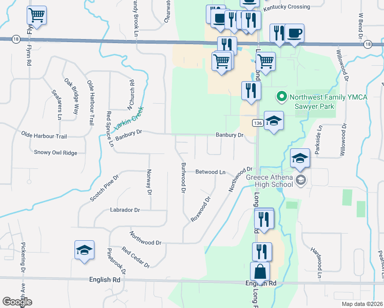 map of restaurants, bars, coffee shops, grocery stores, and more near 16 Kettering Drive in Rochester