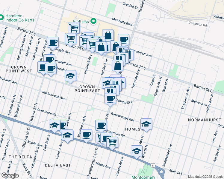 map of restaurants, bars, coffee shops, grocery stores, and more near in Hamilton