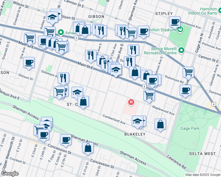 map of restaurants, bars, coffee shops, grocery stores, and more near in Hamilton