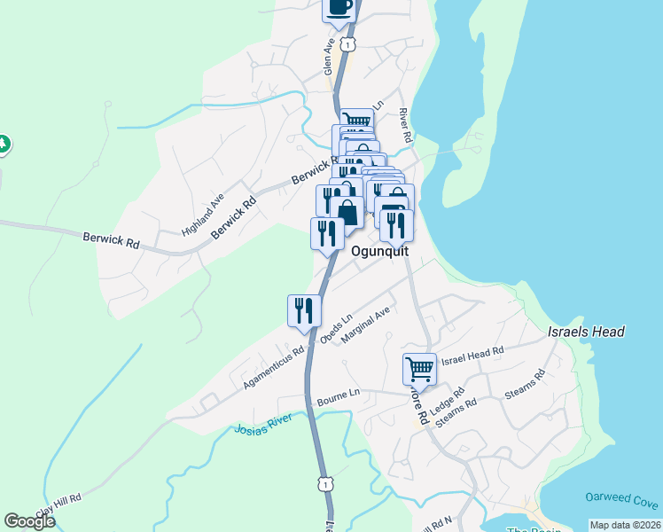 map of restaurants, bars, coffee shops, grocery stores, and more near 48 Main Street in Ogunquit