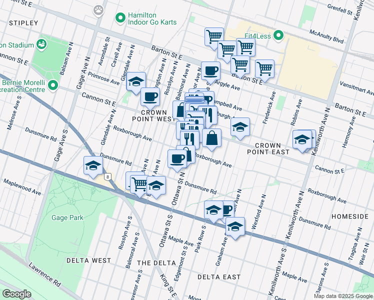 map of restaurants, bars, coffee shops, grocery stores, and more near 131 Ottawa Street North in Hamilton