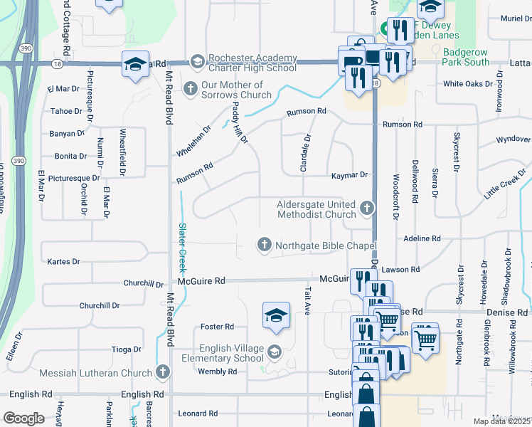map of restaurants, bars, coffee shops, grocery stores, and more near 324 Paddy Hill Drive in Rochester