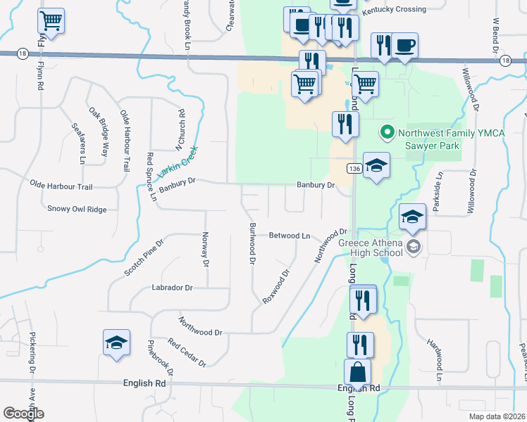 map of restaurants, bars, coffee shops, grocery stores, and more near 16 Kettering Drive in Rochester