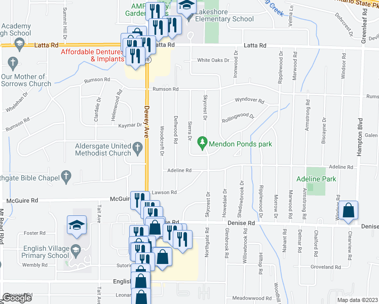 map of restaurants, bars, coffee shops, grocery stores, and more near 29 Sierra Drive in Rochester