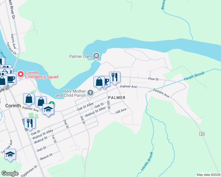 map of restaurants, bars, coffee shops, grocery stores, and more near 505 Palmer Avenue in Corinth