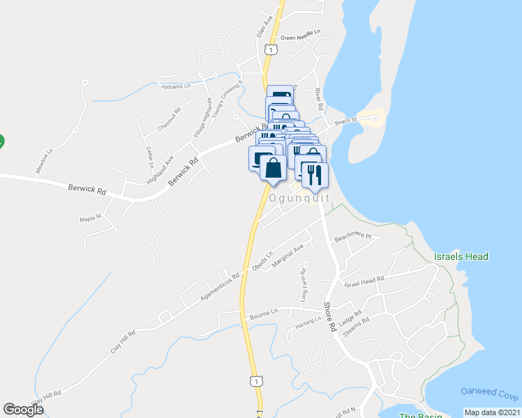 map of restaurants, bars, coffee shops, grocery stores, and more near 58 Main Street in Ogunquit