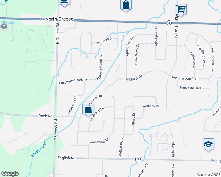 map of restaurants, bars, coffee shops, grocery stores, and more near 243 Hillbridge Drive in Rochester