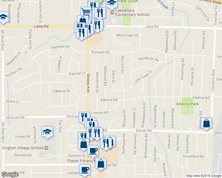 map of restaurants, bars, coffee shops, grocery stores, and more near 29 Sierra Drive in Rochester