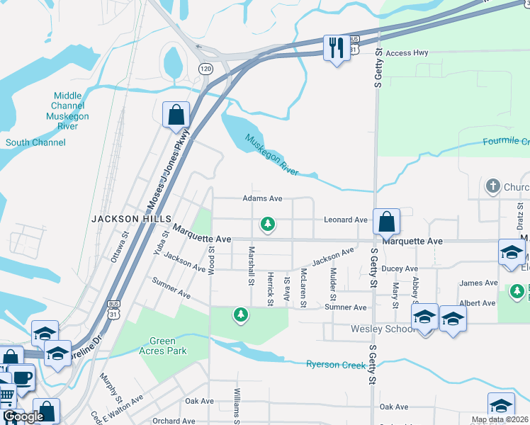 map of restaurants, bars, coffee shops, grocery stores, and more near 532 Leonard Avenue in Muskegon